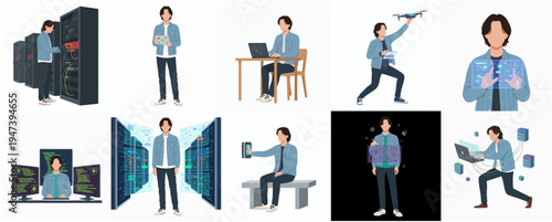 Cartoon Style Illustration of IT Worker in Various Poses and Activities