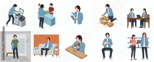 Flat Style Man in Various Situations Illustration Icon Set