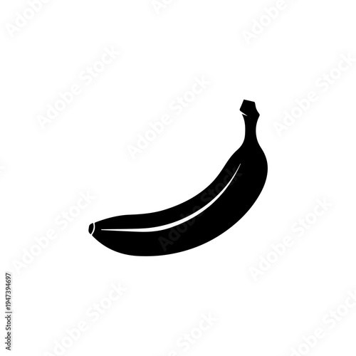 A sleek black and white illustration of a banana with a simple stem