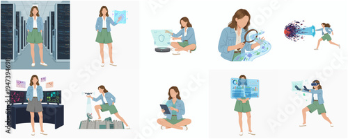 Minimalist Diverse Woman Working on Technology Related Fields Illustration Set