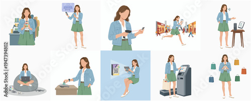 Flat Style Illustration of Female Character in Various Activities and Situations