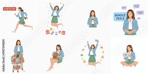 Flat Style Shopping Woman Character with Various Activities Illustration Set