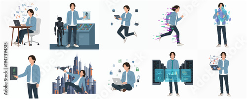 Modern Flat Illustration Set of Man Doing Technology Related Activities