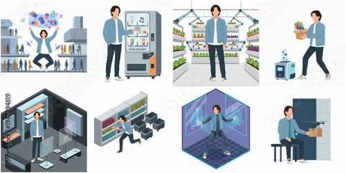 Isometric Style Man in Various Modern Lifestyle Activities Illustration