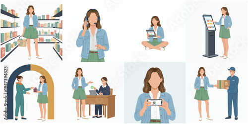 Flat Detailed Woman in Denim Jacket Illustration Character Scene Set