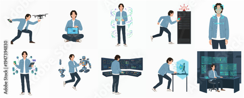 Flat Style Set of Man Working With Technology Various Activities Illustration