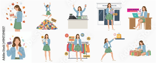 Flat Illustration Set of Woman Shopping in Various Activities and Store Locations