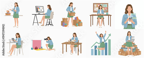 Flat Style Collection of Young Female Entrepreneur Working Scenes Illustration