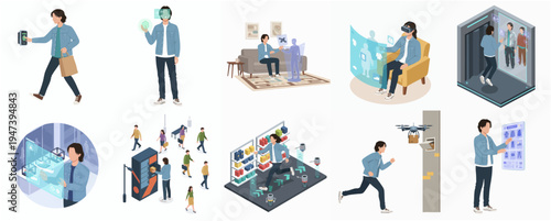 Isometric Style Various Futuristic Scenarios Showing Advanced Technology and Daily Life