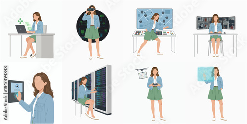 Modern Flat Illustration Security Woman Controlling Server Room and Monitoring Systems