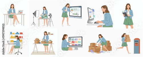 Flat Style Various Activity Woman Small Business Owner Illustration Set