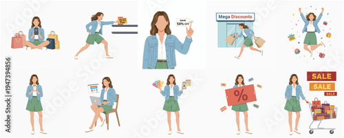 Flat Character Illustration Set of a Woman Enjoying Shopping Experience