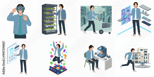 Flat Style Man Using New Technology Gadget and Equipment Illustration Set