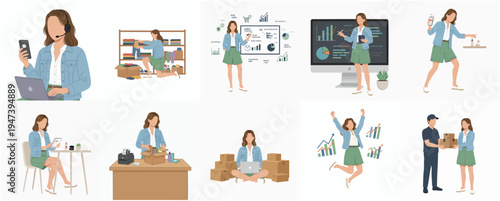 Flat Style E-commerce Woman Business Process with Customer Service and Delivery