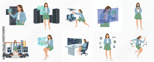 Flat Style Female Engineer Various Interaction with Technology and Industry Illustration