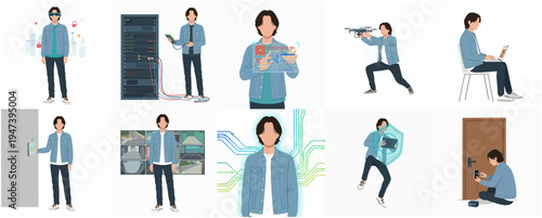 Flat Style Multiple Scenes of Technician Maintenance and Security System Profession