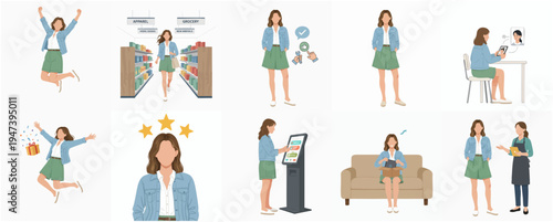 Modern Flat Illustration Set Woman in Various Shopping and Lifestyle Activities