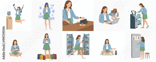 Flat Style Illustration of a Woman Engaging in Various Activities and Technologies