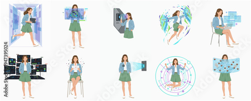 Flat Style Businesswoman Working with Technology Elements Character Illustrations Set