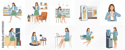 Flat Illustration Set of Woman Performing Daily Life Activities and Shopping