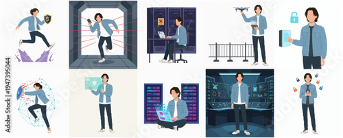 Modern Flat Illustration Man Working with Technology in Different Poses Set