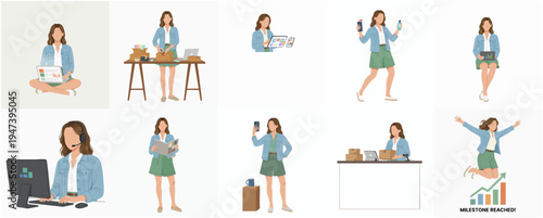 Faceless Flat Illustration Woman Business Owner in Various Activities Set