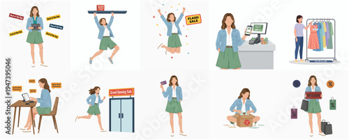 Simple Flat Illustration Set of Young Woman Shopping Activities