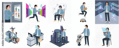 Isometric Illustration of Young Man Exploring Future Technologies and Urban Living Concept