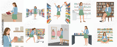Minimalist Flat Woman in Shopping Activity Illustration Set Depicting Various Scenarios