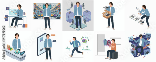 Minimalist Flat Style Man Using Technology in Different Scenarios Illustration