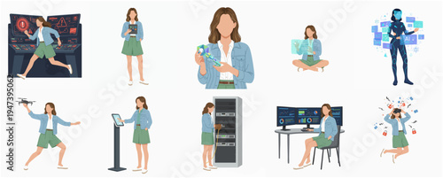 Flat Style Full Body Woman Demonstrating Modern Technology Set Illustration