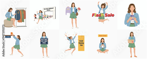 Flat Illustration Set of Woman Shopping in Various Poses and Sales
