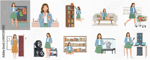 Flat Illustration of Lifestyle Activities, Shopping, and Hobbies of a Young Woman