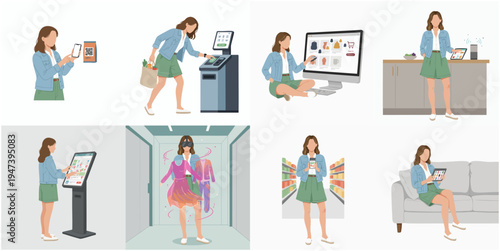 Flat Illustration Woman Shopping at Self Service and Modern Technology