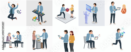 Isometric Various People Using Digital Devices in Daily Life Illustration Set