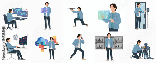 Flat Illustration of Man with Various Digital Technologies and Devices
