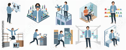 Isometric Illustration Man in Various Scenes Experiencing Advanced Technology Concept