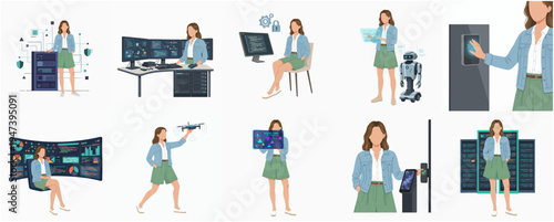 Modern Flat Style Woman Working With Futuristic Technology Illustration Set