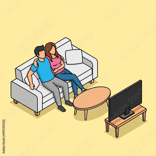 A couple is sitting on a couch watching television in their living room.