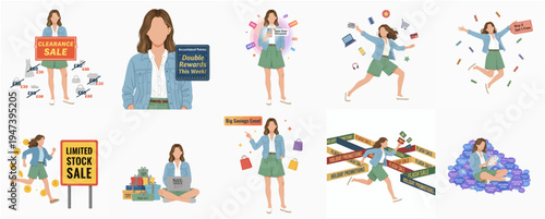 Illustrated Flat Design Woman Shopping with Sale Promotion Sign and Bags