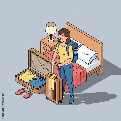 A woman stands with luggage in a bedroom, preparing for a trip.
