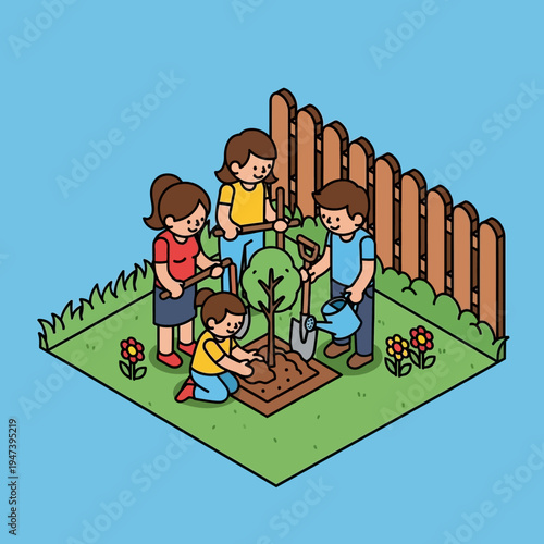 Family planting a tree together in their backyard, promoting environmental responsibility and teamwork.