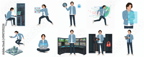 Flat Character IT Engineer Data Server Administrator Illustration Set