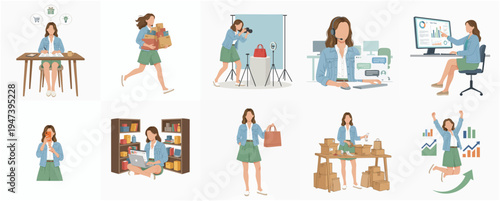 Flat Handdrawn Diverse Woman Small Business Owner Activity Illustration Set