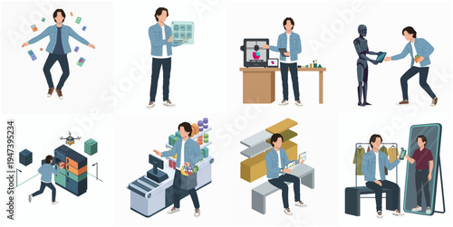 Isometric Young Man Daily Activity Character Illustration Set with Various Poses