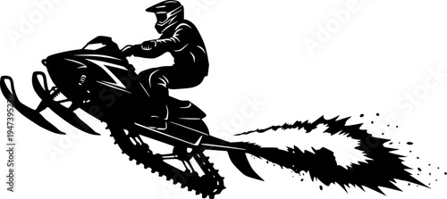 Black silhouette of extreme snowmobile rider wearing full helmet performing high jump with snow spray, dynamic action vector art, sticker design, isolated on white background