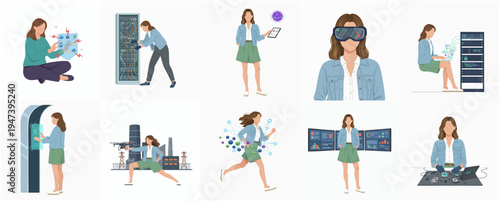 Illustration Set of a Woman in Various Technological and Industrial Settings