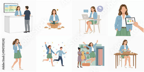 Simple Flat Illustration of a Young Woman in Various Activities Scenes