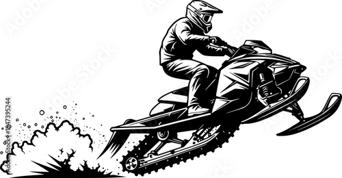 Black silhouette of extreme snowmobile rider wearing full helmet performing high jump with snow spray, dynamic action vector art, sticker design, isolated on white background