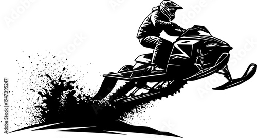 Black silhouette of extreme snowmobile rider wearing full helmet performing high jump with snow spray, dynamic action vector art, sticker design, isolated on white background